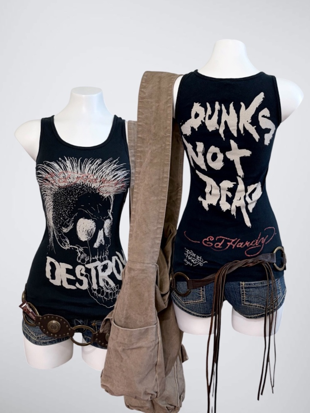 RARE VTG Ed Hardy “Destroy” Punks Not Dead Skull Tank Cyber Grunge McBling